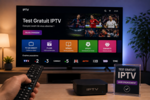 Abonnement IPTV test gratuit affiché sur une Smart TV moderne avec chaînes sportives, films, séries HD et qualité 4K dans un salon élégant.
